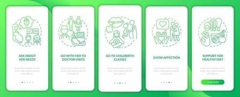Supportive partner during pregnancy onboarding mobile app page screen. Show love walkthrough 5 steps graphic instructions with concepts. UI, UX, GUI vector template with linear color illustrations