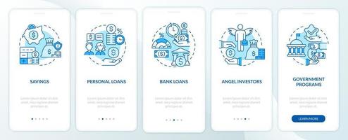 Business financial support tips onboarding mobile app page screen. Startup launch walkthrough 5 steps graphic instructions with concepts. UI, UX, GUI vector template with linear color illustrations