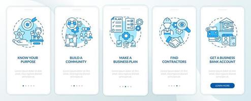 Startup development tips onboarding mobile app page screen. Entrepreneurship walkthrough 5 steps graphic instructions with concepts. UI, UX, GUI vector template with linear color illustrations