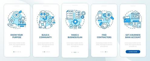 consejos de desarrollo de inicio para la incorporación de la pantalla de la página de la aplicación móvil. tutorial de emprendimiento 5 pasos instrucciones gráficas con conceptos. ui, ux, plantilla de vector de interfaz gráfica de usuario con ilustraciones en color lineal