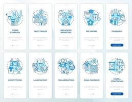 Lanzamiento de consejos para pequeñas empresas Incorporación del conjunto de pantallas de la página de la aplicación móvil. startup boost tutorial 5 pasos instrucciones gráficas con conceptos. ui, ux, plantilla de vector de interfaz gráfica de usuario con ilustraciones en color lineal