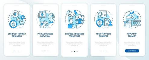 Small business organizing tips onboarding mobile app page screen. Startup walkthrough 5 steps graphic instructions with concepts. UI, UX, GUI vector template with linear color illustrations
