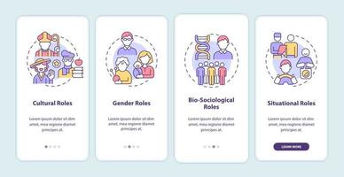 Social roles onboarding mobile app page screen. Cultural engagement walkthrough 4 steps graphic instructions with concepts. UI, UX, GUI vector template with linear color illustrations