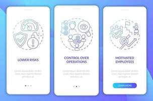 Internal growth advantages blue gradient onboarding mobile app page screen. Walkthrough 3 steps graphic instructions with concepts. UI, UX, GUI vector template with linear color illustrations