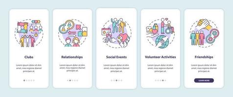 Social participation examples onboarding mobile app page screen. Group activity walkthrough 4 steps graphic instructions with concepts. UI, UX, GUI vector template with linear color illustrations