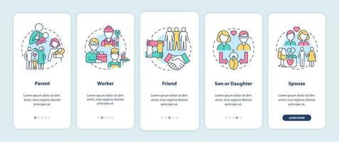Social roles example onboarding mobile app page screen. People function in society walkthrough 4 steps graphic instructions with concepts. UI, UX, GUI vector template with linear color illustrations