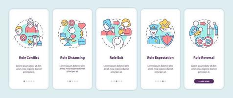 Social position concept onboarding mobile app page screen. People roles in life walkthrough 4 steps graphic instructions with concepts. UI, UX, GUI vector template with linear color illustrations