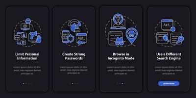 Internet browsing safety tips onboarding mobile app page screen. Security walkthrough eight four graphic instructions with concepts. UI, UX, GUI vector template with linear night mode illustrations