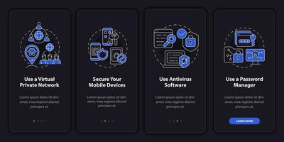 Information security tips onboarding mobile app page screen. Internet safety walkthrough four steps graphic instructions with concepts. UI, UX, GUI vector template with linear night mode illustrations