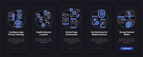 seguridad en línea consejos sobre la incorporación de la pantalla de la página de la aplicación móvil. protección de la información tutorial cinco pasos instrucciones gráficas con conceptos. ui, ux, plantilla de vector de interfaz gráfica de usuario con ilustraciones lineales en modo nocturno