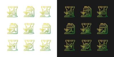 Natural fertilizers gradient icons set for dark and light mode. Organic additives for ground. Thin line contour symbols bundle. Isolated vector outline illustrations collection on black and white