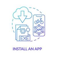 Instale la aplicación icono de concepto degradado azul. uso compartido de bicicletas idea abstracta ilustración de línea fina. tecnología de bicicletas compartidas. rutas de ciclismo de pista. usando un teléfono inteligente. dibujo de color de contorno aislado vectorial vector