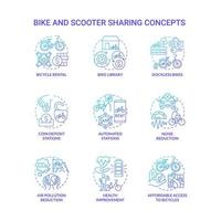 bicicleta y scooter que comparten iconos de concepto degradado azul. ilustraciones en color de línea fina de idea de transporte verde. reducción de la contaminación del aire. estaciones de depósito de monedas. dibujos de contorno aislados vectoriales vector