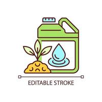 Liquid fertilizer RGB color icon. Fluid mixture of supplements. Pouring and spraying. Plants and crops supplement. Isolated vector illustration. Simple filled line drawing. Editable stroke