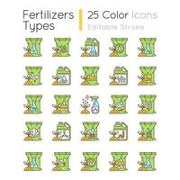 Fertilizers type RGB color icons set. Organic, chemical supplements. Soil, plants additives. Growth increasing. Isolated vector illustrations. Simple filled line drawings collection. Editable stroke