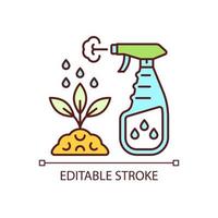 Spray fertilizer RGB color icon. Liquid substance for plant leaves. Foliar supplement. Pesticide spraying. Nourish additive. Isolated vector illustration. Simple filled line drawing. Editable stroke