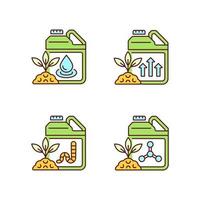 Liquid supplements RGB color icons set. Fluid fertilizer for ground and roots. Organic and chemical additives. Isolated vector illustrations. Simple filled line drawings collection. Editable stroke