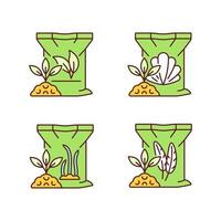 Natural plant meal RGB color icons set. Shell, feather powder. Byproduct used as additive. Plant growth booster. Isolated vector illustrations. Simple filled line drawings collection. Editable stroke