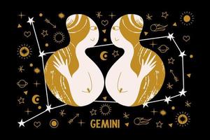 Gemini. Zodiac sign. Two girls are twins. Constellation of Gemini. Vector illustration in a flat style.