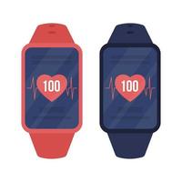 Smartwatch with fintess tracker semi flat color vector object set