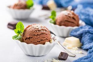 Chocolate ice cream in white bowl. photo