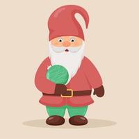 Little gnome with a christmas ball in his hands. Christmas and New Year character. vector