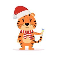Cute cartoon tiger with santa hat and a glass of champage. Funny animal. Flat vector illustration