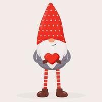 lindo gnomo de San Valentín con un corazón rojo en sus manos. ilustración vectorial plana para st. regalo de san valentín, tarjeta, impresión, decoración vector