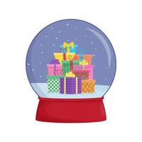 Snow globe with gifts. Winter wonderland scenes in a snow globe. vector