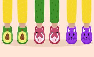 Set of children pajama slippers. Children feet in funny slippers. Pajama party. vector