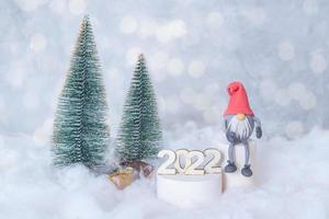 Still life with snow and gnome in the forest with the numbers of the new year 2022 photo