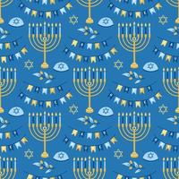 Hanukkah vector de patrones sin fisuras. Varios objetos del festival judío de luces en estilo plano.