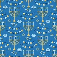 Hanukkah vector seamless pattern. Various object of Jewish festival of lights in flat style