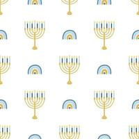 Hanukkah vector de patrones sin fisuras. Varios objetos del festival judío de luces en estilo plano.