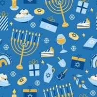 Hanukkah vector de patrones sin fisuras. Varios objetos del festival judío de luces en estilo plano.