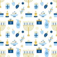 Hanukkah vector seamless pattern. Various object of Jewish festival of lights in flat style