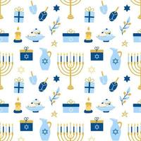 Hanukkah vector seamless pattern. Various object of Jewish festival of lights in flat style