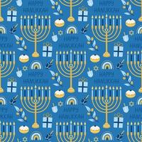 Hanukkah vector seamless pattern. Various object of Jewish festival of lights in flat style