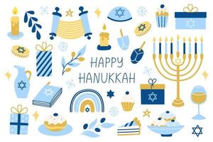 Hanukkah set. Collection of vector colorful flat Hanukkah symbols with menorah, coins, donuts