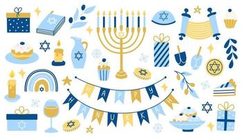 Hanukkah set. Collection of vector colorful flat Hanukkah symbols with menorah, coins, donuts