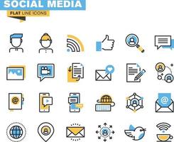 iconos de líneas planas para redes sociales, redes sociales, comunicación, marketing digital, para sitios web y sitios web y aplicaciones móviles. vector