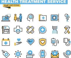 Conjunto de iconos de línea plana de apoyo médico en línea, atención médica familiar, seguro médico, farmacia, servicios médicos. vector