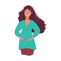 Pregnant brunette woman with long hair rejoices. vector