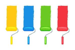 Paint rollers in different colors with paint marks. vector