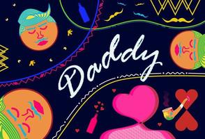 The moon is the face of a man floating in space or the universe. Fathers day, Daddy word concept design and abstract elements at night vector