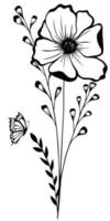 Simple flowers black and butterfly. Silhouette of flowers, leaves, flying butterflies on white background. vector