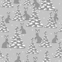 Hares in the forest with Christmas trees under the snow. Seamless christmas pattern. vector