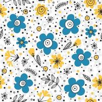 Seamless vintage pattern yellow and blue flowers and leaves. Trend print for textiles. vector