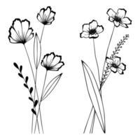 flores simples con hojas negras. boceto dibujado a mano. conjunto de flores con capullo. vector