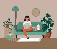 Women with laptop sits on the sofa in the room at home. vector